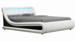 Manželská posteľ čalúnená čiernou a bielou ekokožou s RGB LED osvetlením