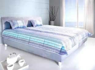 Pohodlná manželská posteľ v modro-šedom dekore s úložným priestorom