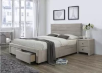 Čalúnená posteľ v béžovej farbe so zásuvkami