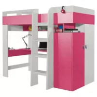 Ružovo-biela poschodová posteľ so šatníkovou skriňou a PC stolíkom