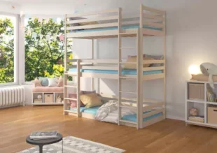 Drevená poschodová posteľ pre 3 deti s úložným priestorom