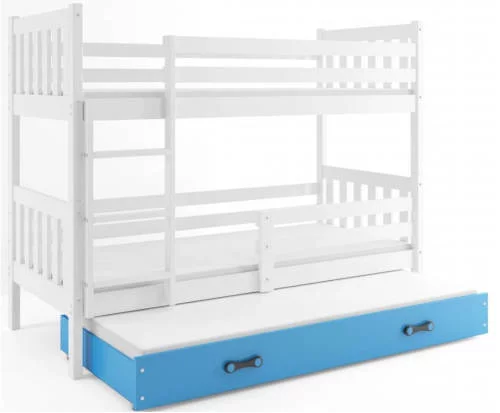 Biela poschodová posteľ s prístelkou v modrej zásuvke