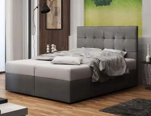 Sivá čalúnená manželská posteľ s úložným priestorom