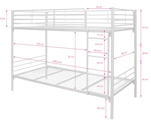 Praktické rozmery kovovej poschodovej postele